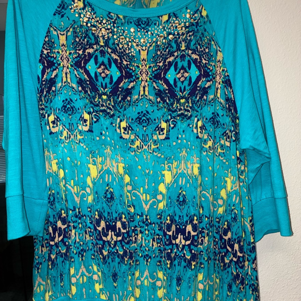 Oleg Cassini Sport Teal and Yellow Long Sleeve Top
